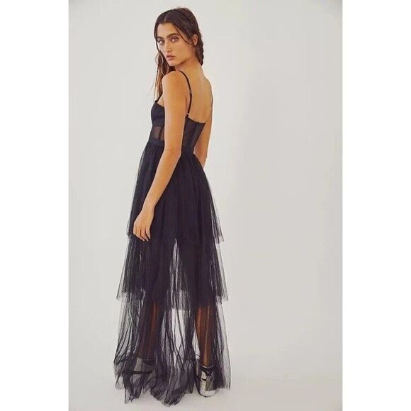 NWT FREE PEOPLE X FAME & PARTNERS Sz 6 FRANCISE TIERED CORSETED DRESS GOWN BLACK - Picture 1 of 4